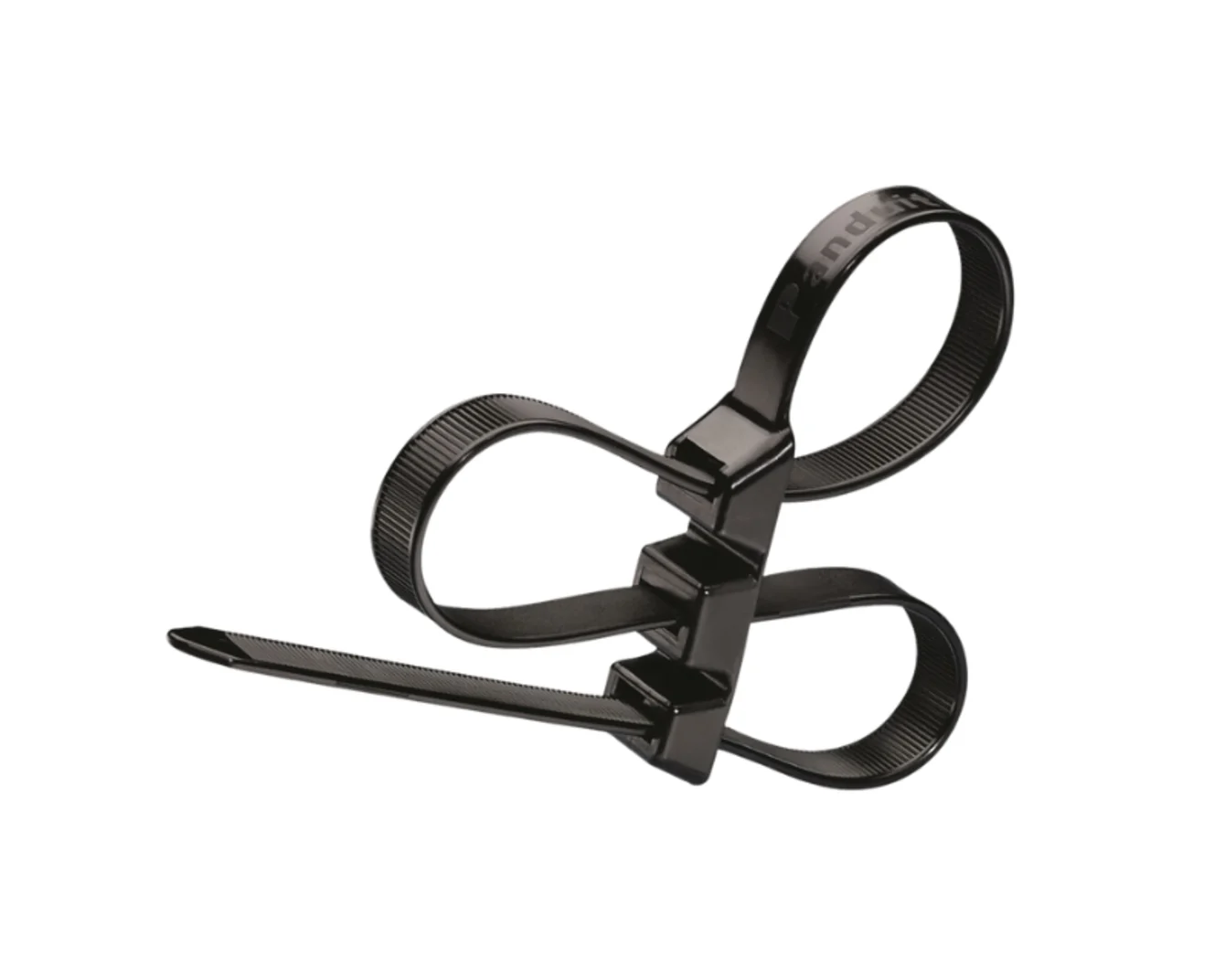 A black Panduit cable tie on white background